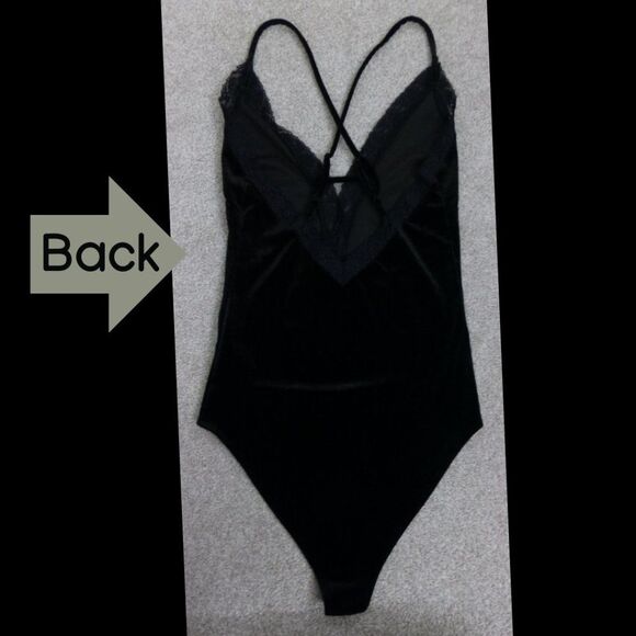 Forever 21 Black Velour Bodysuit with Deep V-Neck Lace, Cross Back Straps - Picture 3 of 11